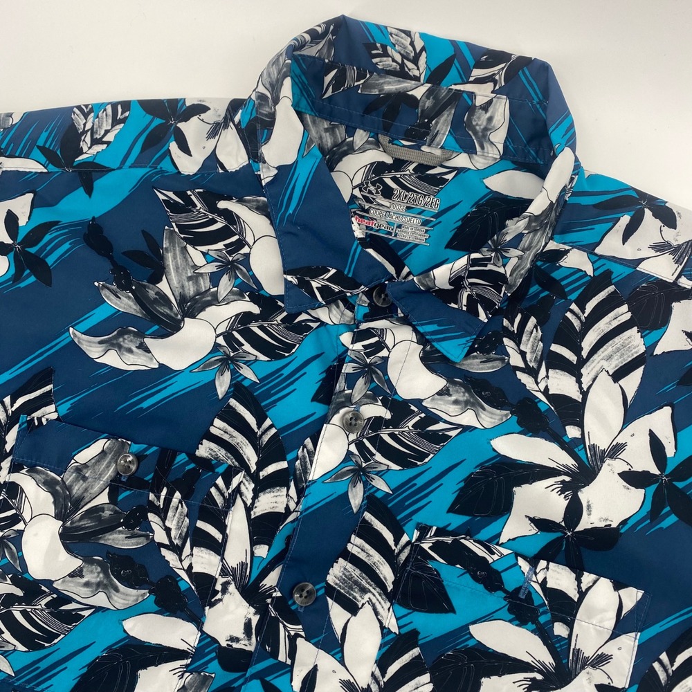 Under Armour Button Down Men 2XL Blue Tropical HeatGear Short Sleeve Shirt Loose